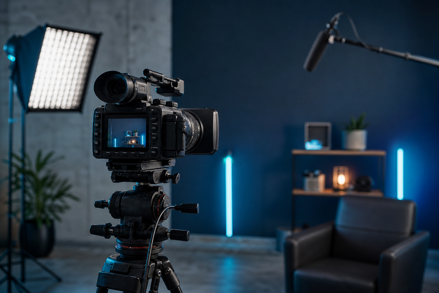 Professionelles Video-Interview-Setup mit Kamera, Softbox und Mikrofon